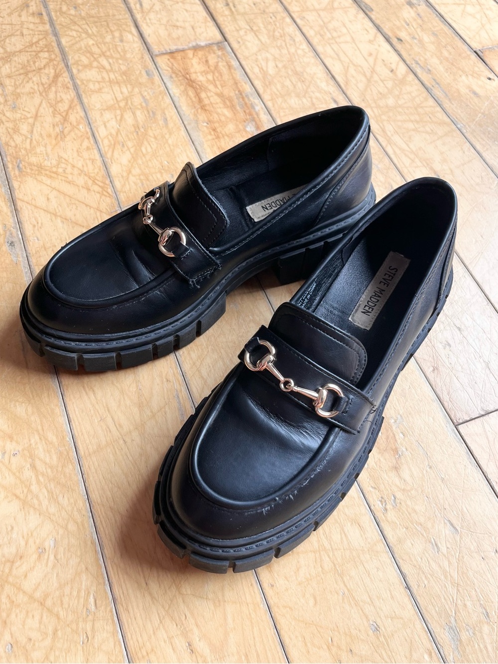 Steve Madden Chunky Horsebit Black Faux Leather Loafers Shoes Size 40